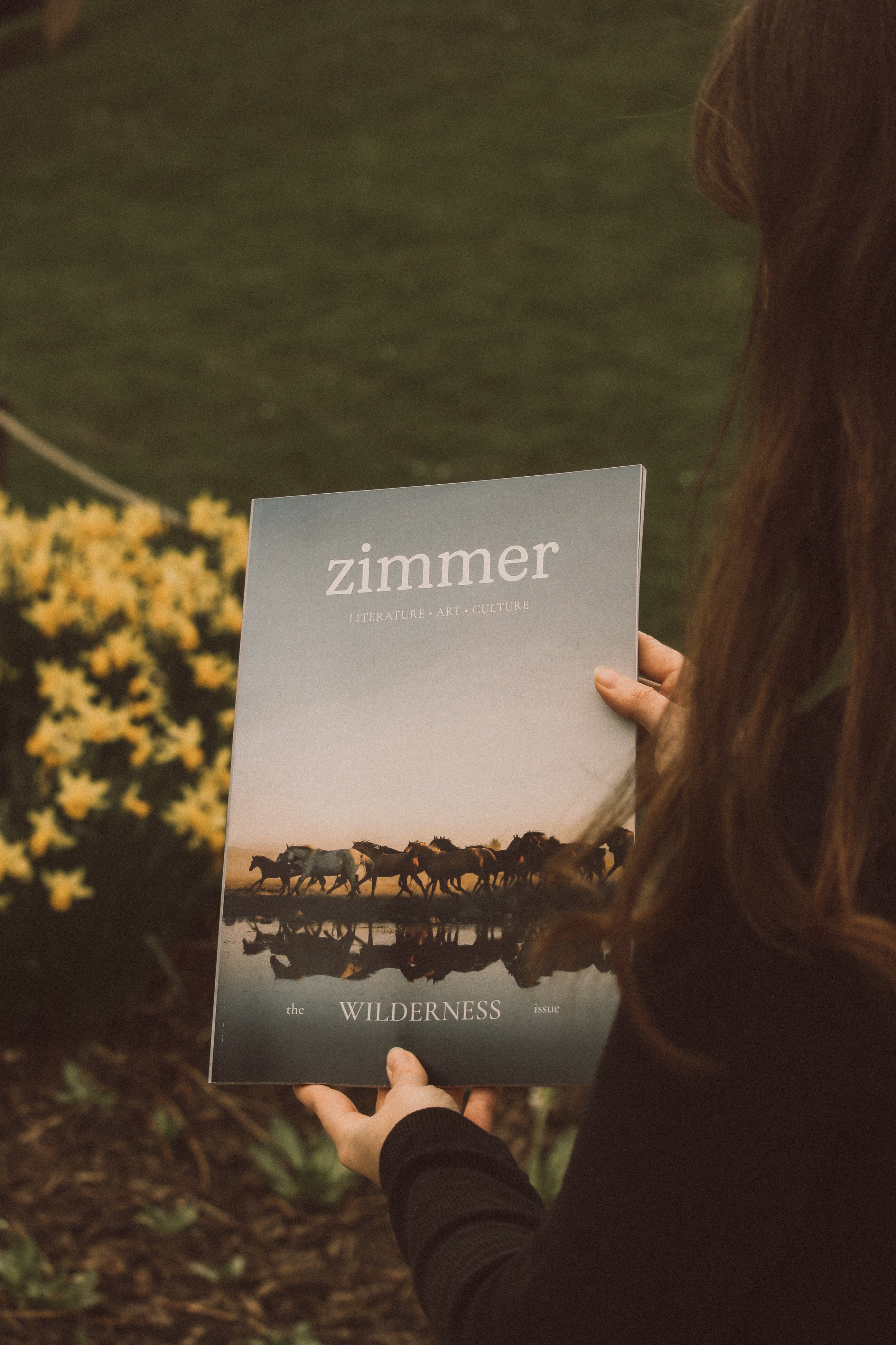 Person holding a book titled 'zimmer' with a nature-themed cover.