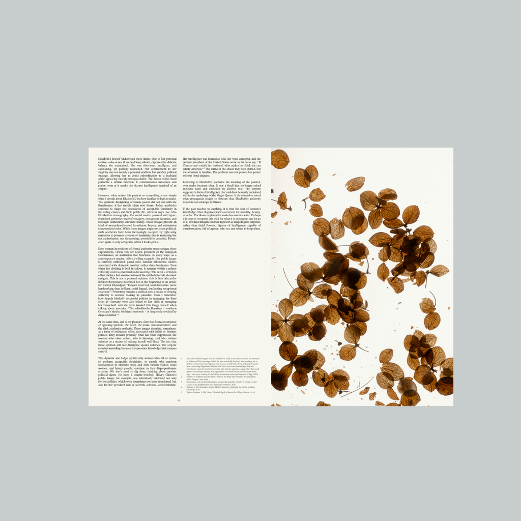 Book or magazine with text on the left and brown floral pattern on the right against a gray background
