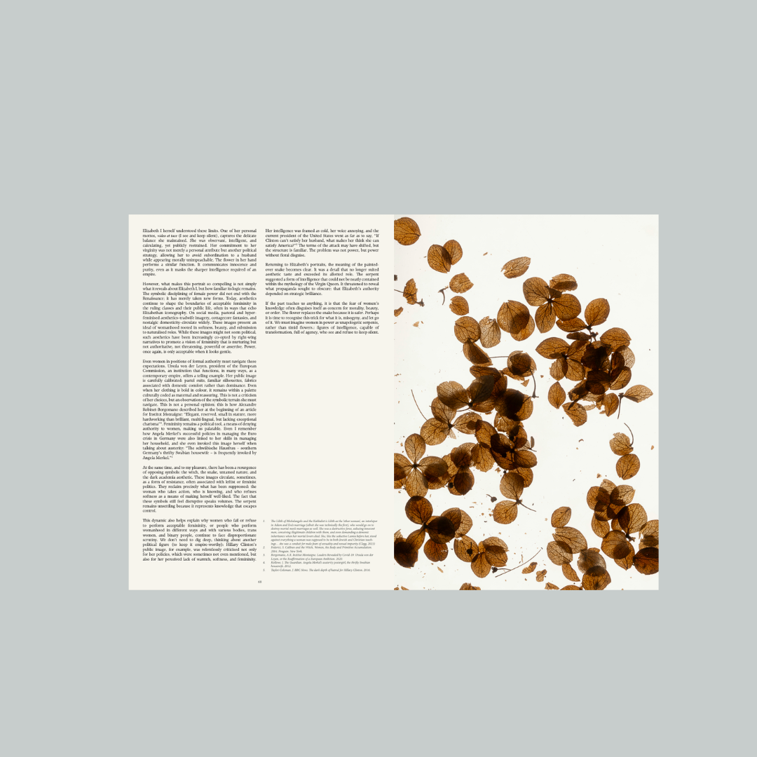 Book or magazine with text on the left and brown floral pattern on the right against a gray background