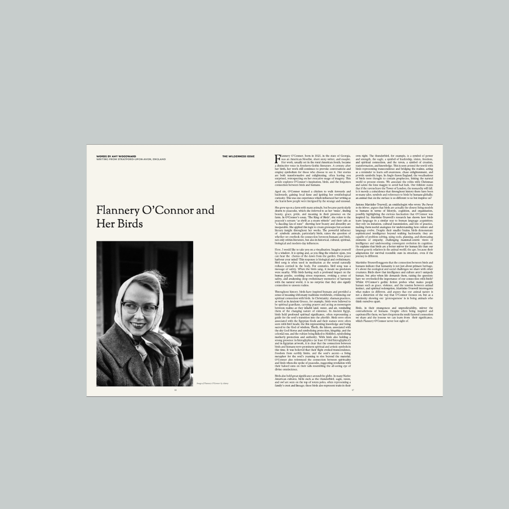 Book page with black and white photo of Flannery O'Connor and text on a gray background